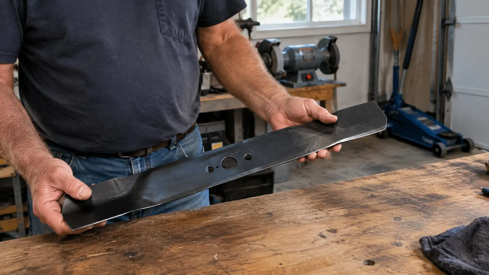 A hand holding a high lift mower blade with a five point star center hole, the blade resting on a workbench
