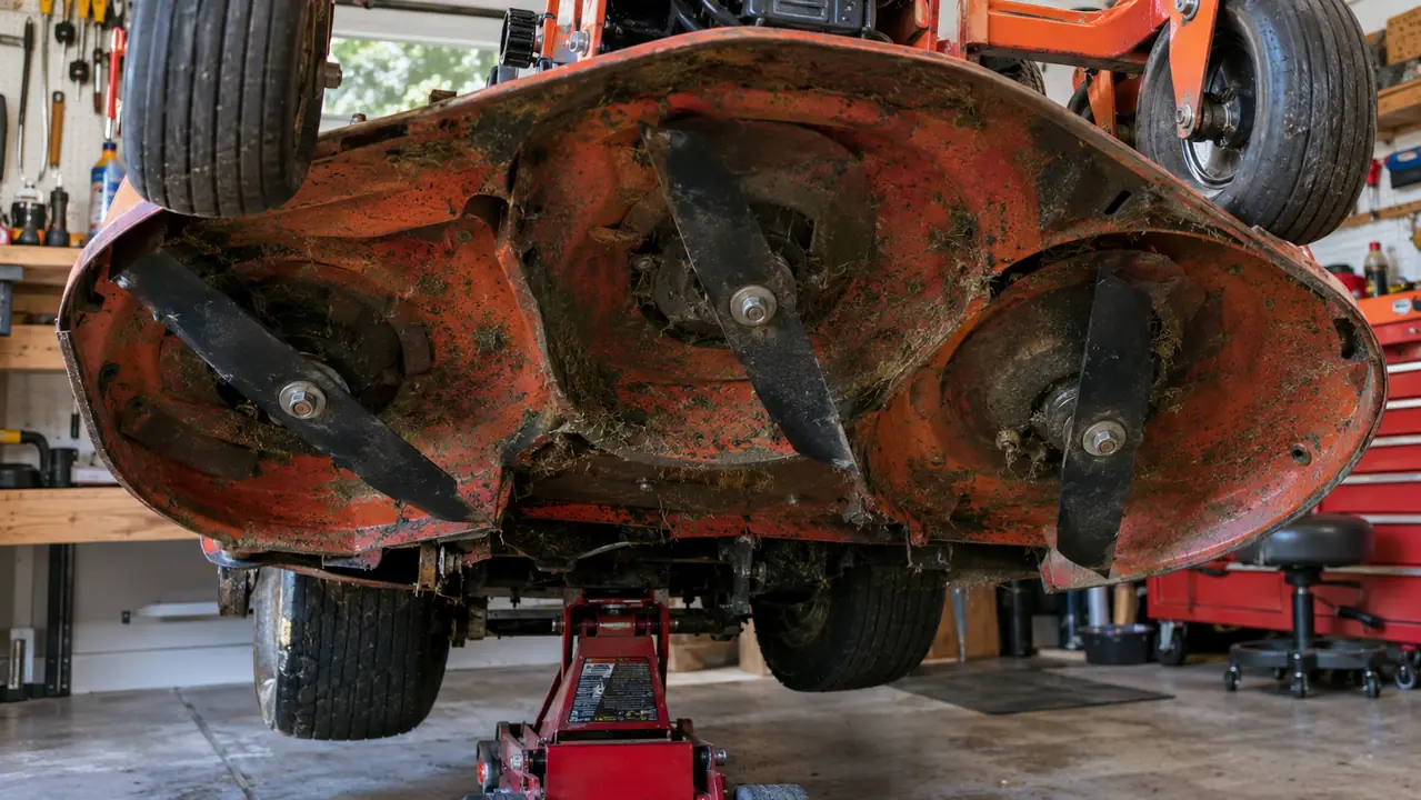 A close view of a zero turn mower deck from underneath, showing three high lift blades mounted in place