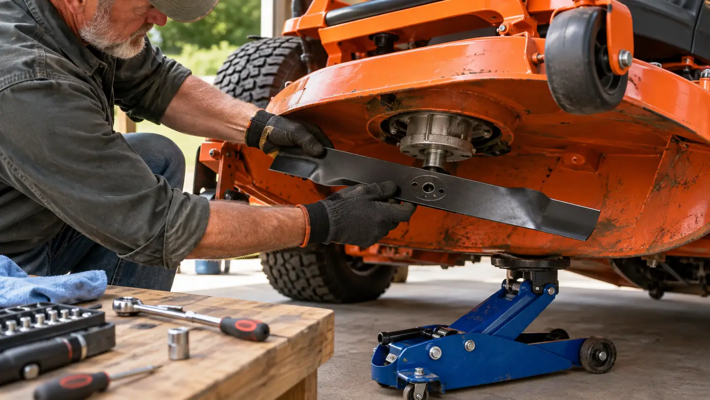 A gloved hand placing a high lift mower blade onto the spindle of a zero turn mower deck