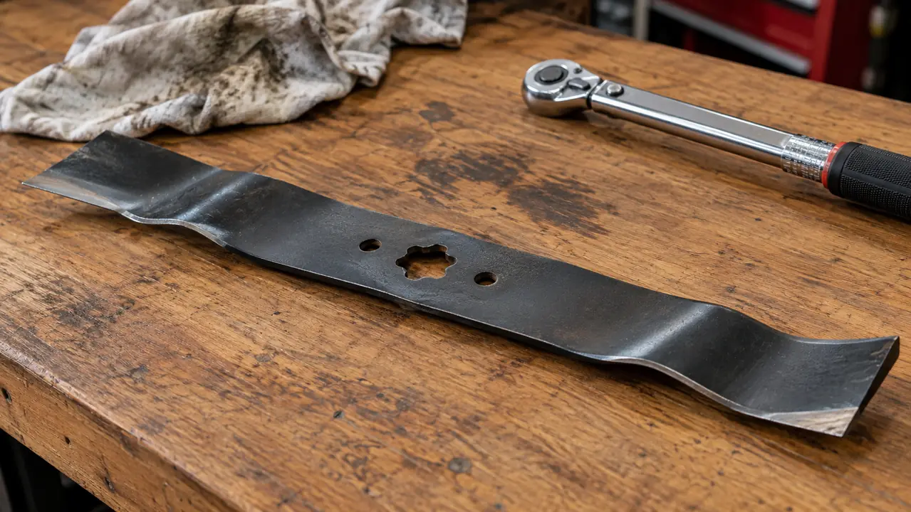 A close view of a high lift mower blade showing the curved wing along the trailing edge